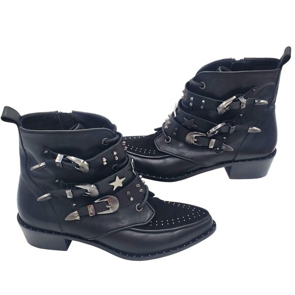 Italy Ivy Kirzhner Women's size 8 US Black Leather Silver Studded Ankle Boots 38 - Picture 7 of 13